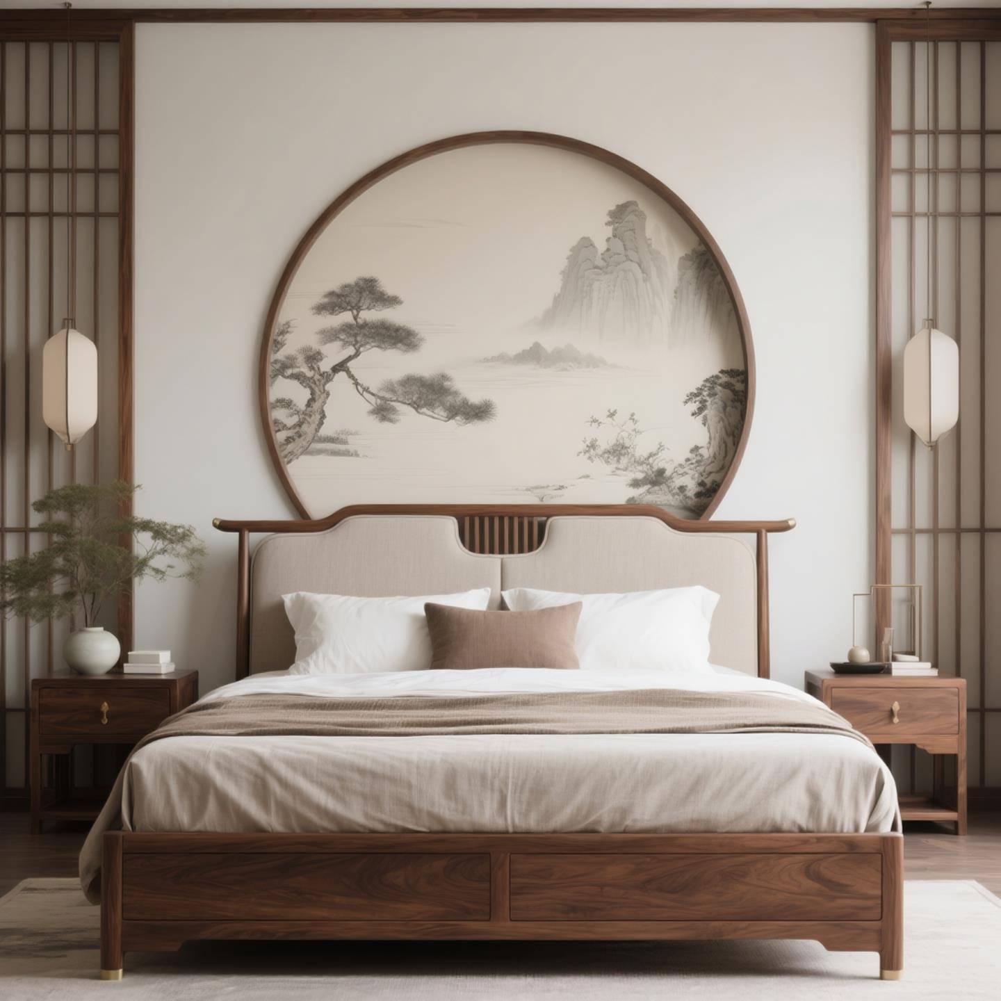 新中式黑胡桃木床实木床布艺禅意宋氏美学卧室双人床婚床高级定制