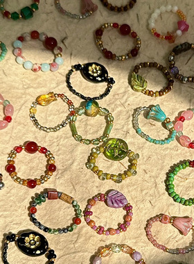 多巴胺戒指女小众设计个性串珠食指戒高级感时尚彩色可爱闭口指环