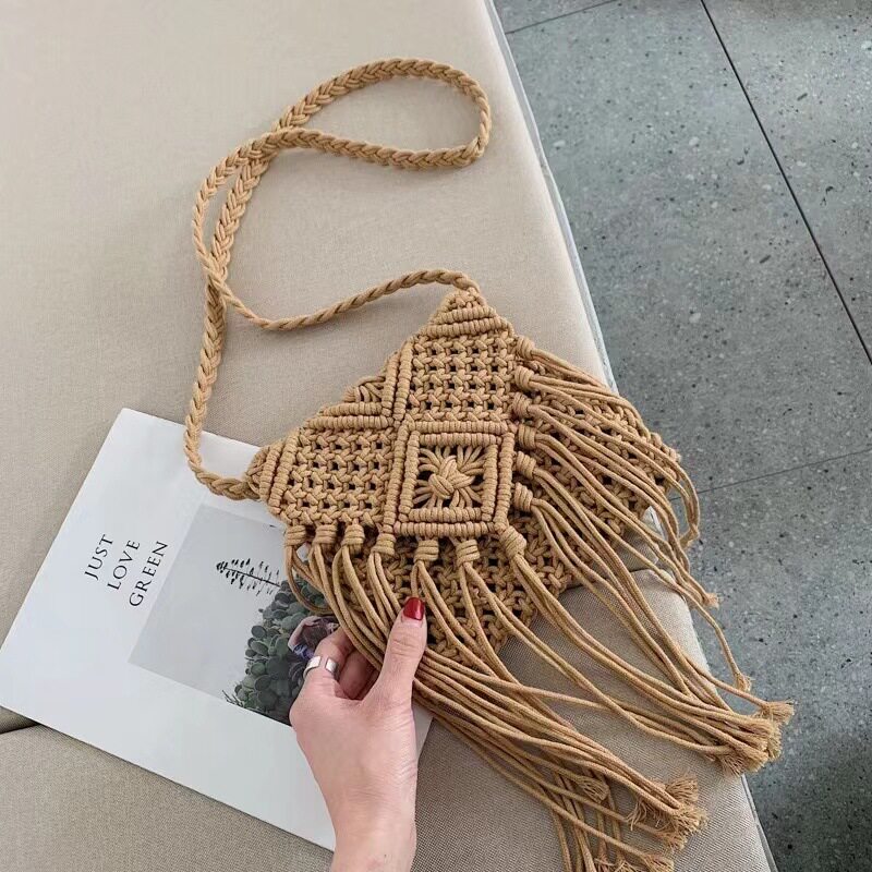 跨境热卖棉线斜挎草编包民族风手工编织包镂空流苏小清新韩版小包