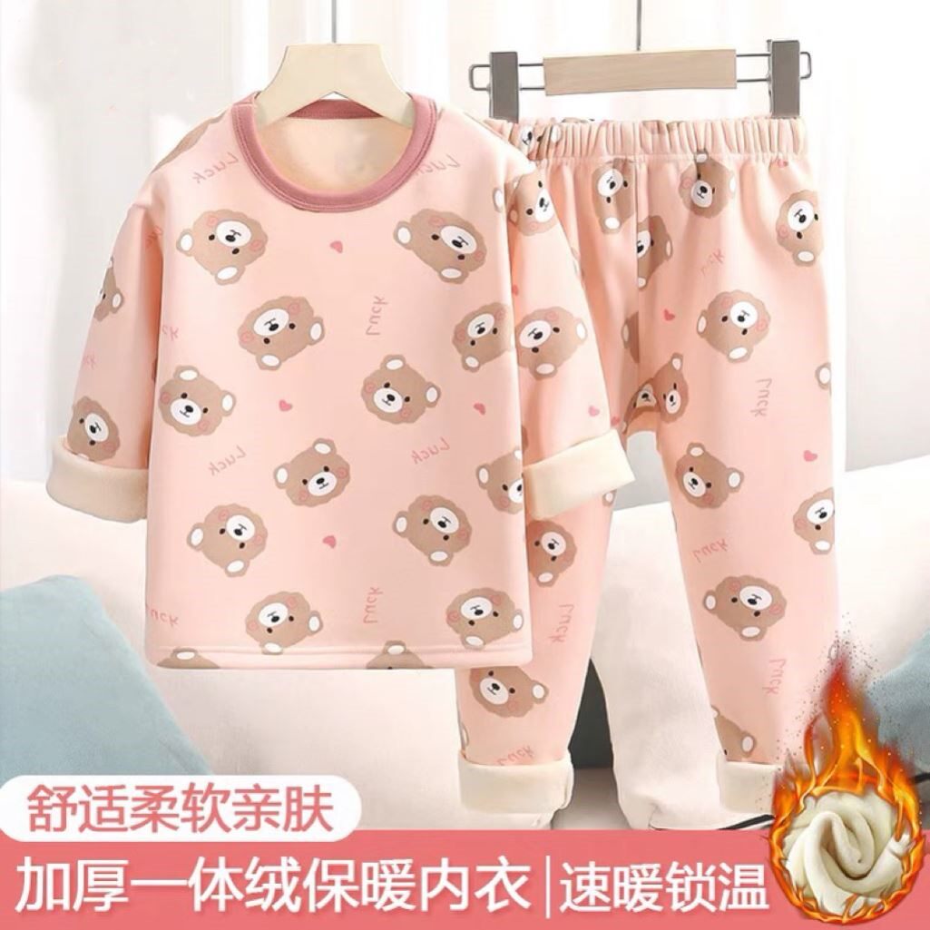 儿童秋冬保暖睡衣牛奶丝一体绒加绒加厚秋衣秋裤套装男女童家居服