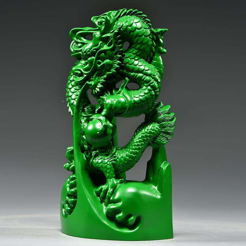 绿色实二木龙摆XOG件青色纯木头雕龙形十生肖工艺品质客厅装电视