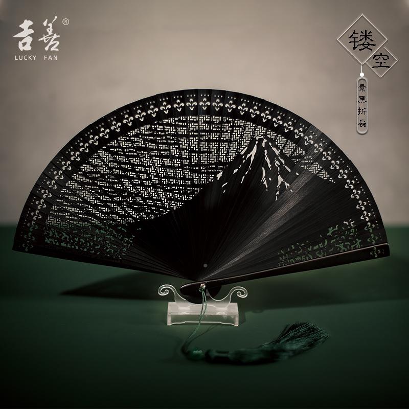 5ZV7天折然全竹扇扇女子5寸MZU扇古风镂空扇式小富士山雕花扇迷