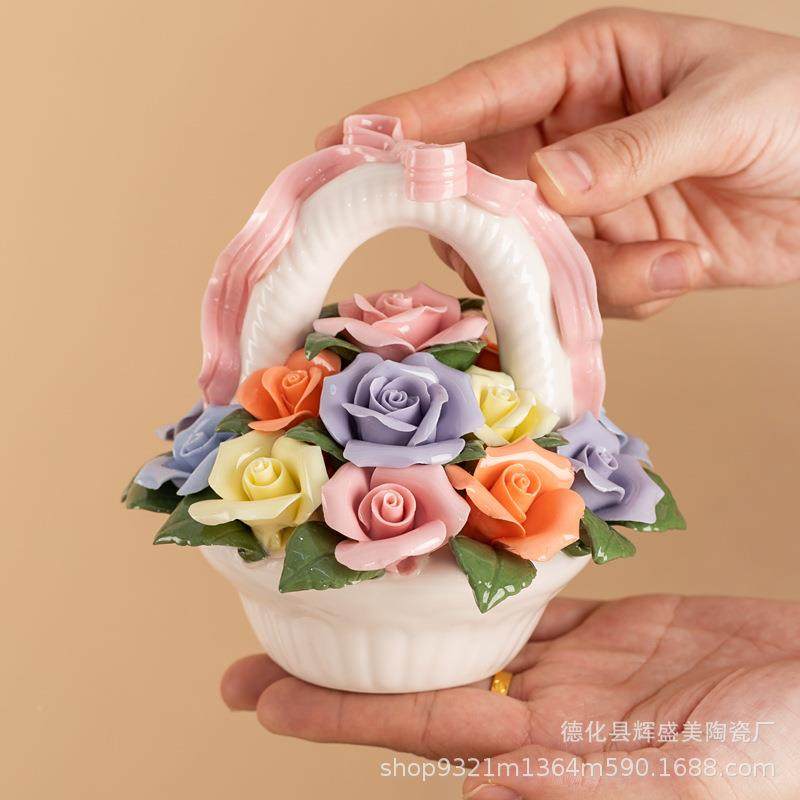 陶瓷手捏花摆件玫礼瑰家IMS送办公室客厅纯工花篮手用花球陶瓷花