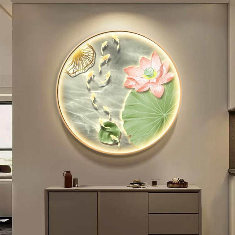 现代简约鱼图玄关装饰画客厅入户门荷花壁灯画走廊过道圆形挂画图片