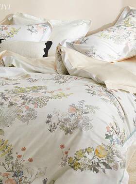 小清新唯单美田园风高支裸长绒YC96620棉床全四件套棉纯棉被套睡