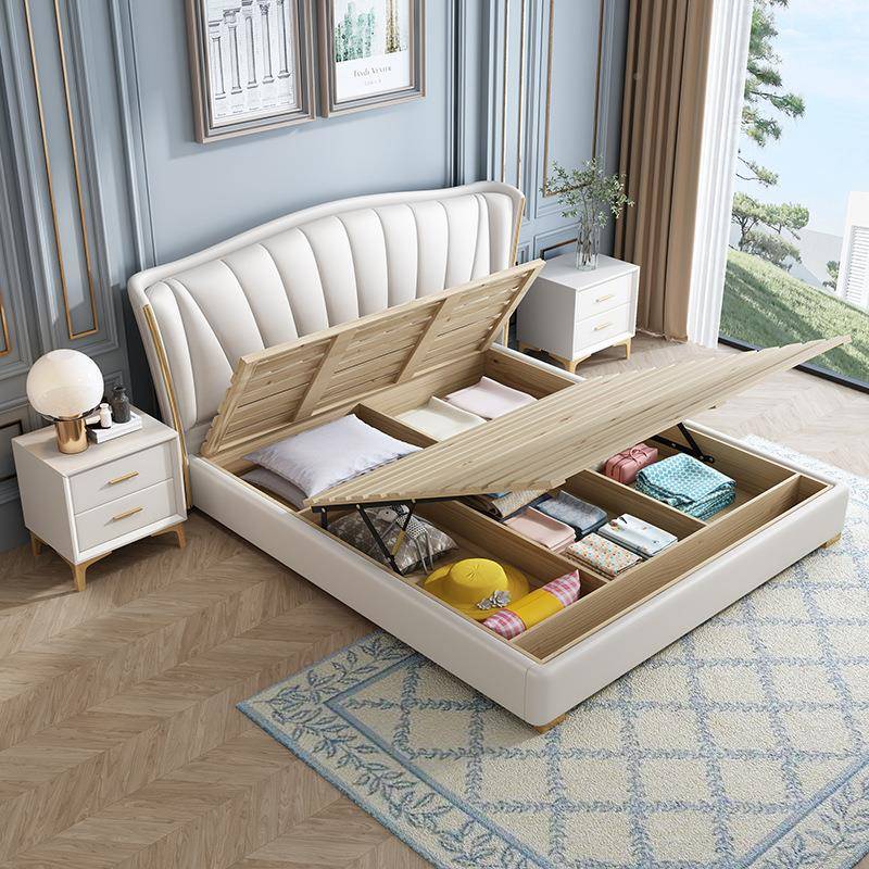 意式主轻奢舒适卧1SSF.米双人床实木皮框架艺软靠家具婚床收8纳