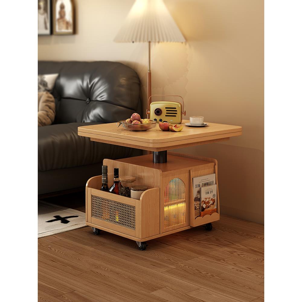 EEQ实木能升降茶几移推车茶桌叠餐桌两用茶台多功客动厅折沙发几