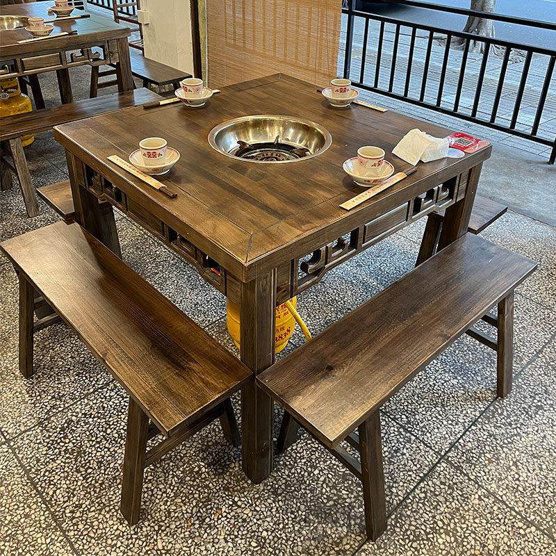 火锅店实木大理石火锅桌子电磁炉燃气灶一体商用串串店岩板火锅桌