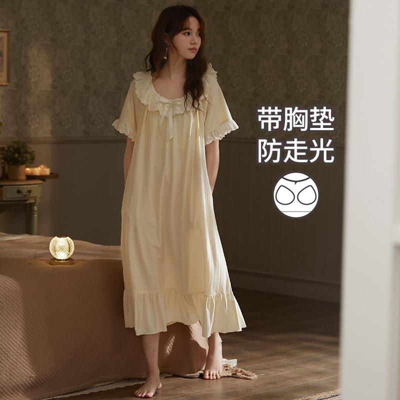 马克公主带胸垫睡裙夏款甜美公主风家居服纯棉温柔仙女睡衣连衣裙