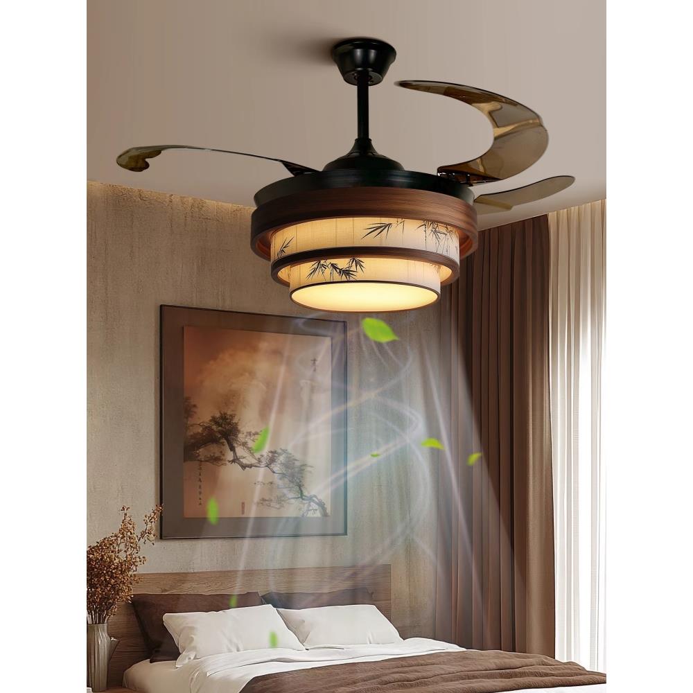 宋代美学东方诗意实木竹叶水墨画隐形风扇吊灯大风力6档调速主灯