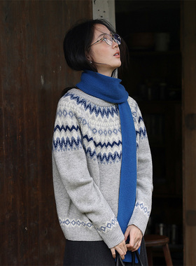 日系温柔提花蓝色毛衣女秋冬氛围感慵懒内搭针织打底衫绝美上衣