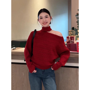 不规则红色挂脖麻花毛衣女秋冬高级感软糯慵懒内搭针织打底衫上衣