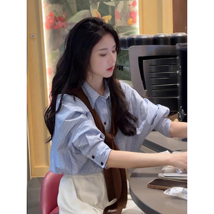 韩系蓝色条纹披肩衬衫女早春宽松小个子叠穿衬衣气质长袖防晒上衣