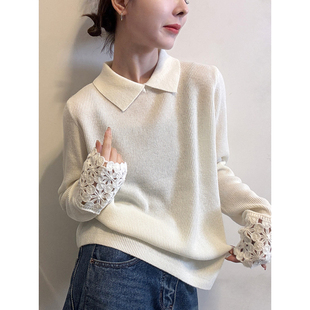 韩系独特翻领镂空袖花边针织衫女秋冬休闲慵懒内搭毛衣打底衫上衣