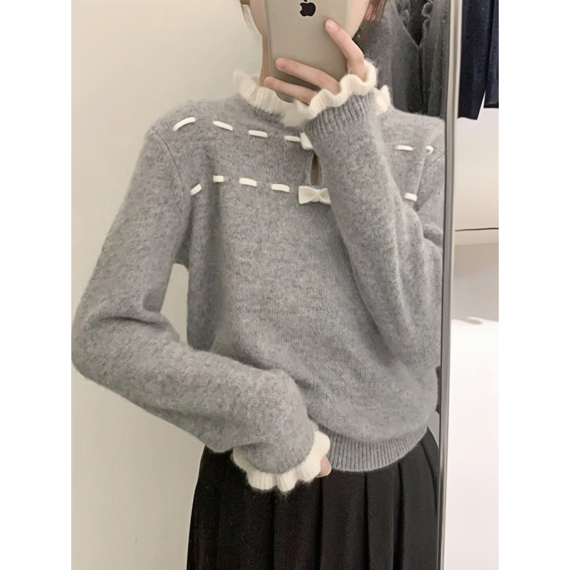 韩系蝴蝶结针织打底衫女春秋高级感亲肤内搭木耳边上衣巨好看毛衣,女装/女士精品,毛针织衫,淘宝优惠券,粉丝福利购,淘宝优惠卷