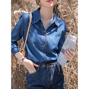 港风复古蓝色牛仔衬衫女早春小个子休闲正肩衬衣宽松气质长袖上衣