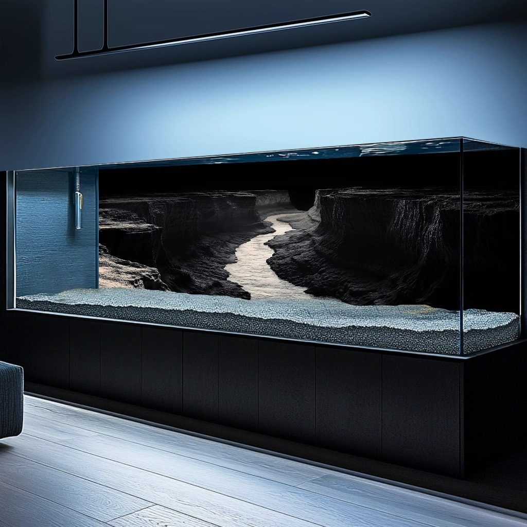 新款高清峡谷黑色鱼缸背景贴纸立体水族箱溪流缸草缸背景画