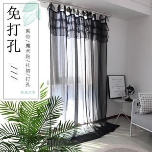 纱帘ins北欧简约亚麻窗纱黑白半遮光窗帘阳台纱日本魔术贴免打孔