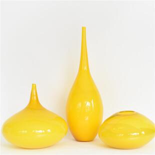 外贸现代简约黄色大号玻璃花瓶样板房电视柜稳居招财软装套装摆件