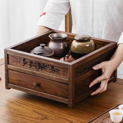 胡桃木茶具置物架实木小型中式博古架简约茶壶盖碗桌面抽屉收纳架