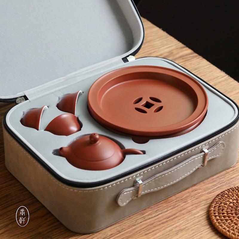 便携小号潮州朱泥功夫茶壶老茶盘茶杯具旅行外出套装手提皮箱礼盒