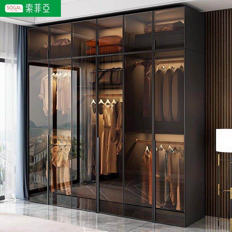 索菲亚实木衣柜卧室家用玻璃门L型现代轻奢转角衣帽间收纳柜子组