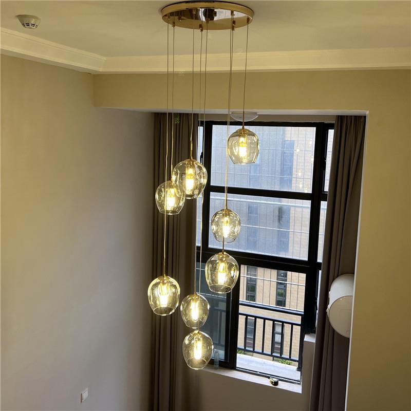 楼梯长吊灯覆式楼大气轻奢北欧别墅挑空客厅简约loft玻璃灯罩吊灯