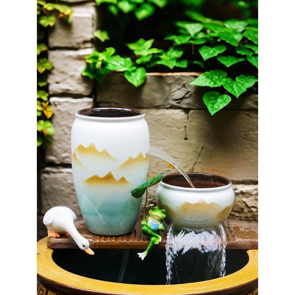 LS-335水景摆件庭院瀑布流水罐古法生态鱼缸荷花流水陶罐循环增氧