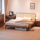 北美黑胡桃木实木床 现代简约真皮软包床 可订制双人婚床