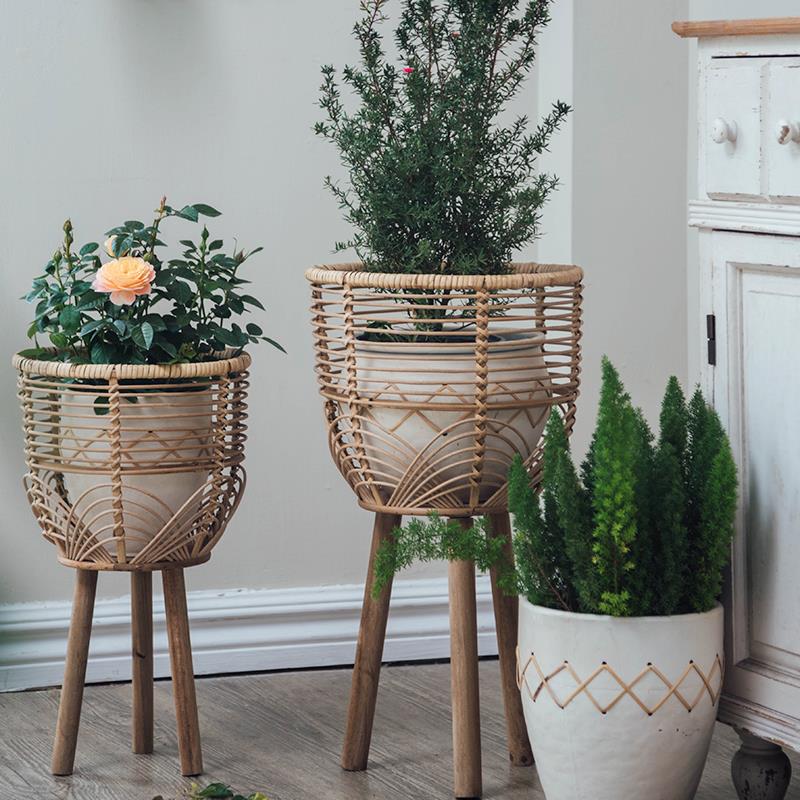 北欧创意藤编花架子客厅落地式室内绿植架阳台花架绿萝置物架轻奢