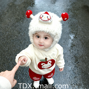 婴儿帽子秋冬季韩系蘑菇小猫保暖男女童毛绒帽户外防风宝宝护耳帽