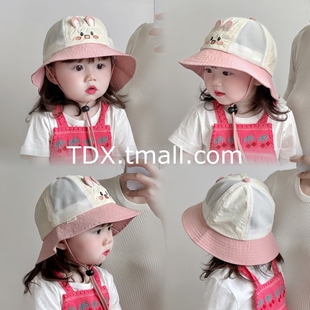 儿童防晒帽夏季薄款拼色兔子网眼男女童遮阳渔夫帽户外宝宝太阳帽