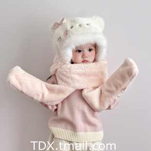 儿童帽子围巾手套三件套秋冬季毛边小猫宝宝毛绒帽保暖女童护耳帽
