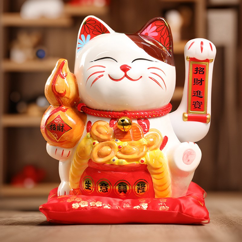 12寸摇手招财猫摆件开业礼物前台陶瓷大号店铺收银台家居桌面礼品