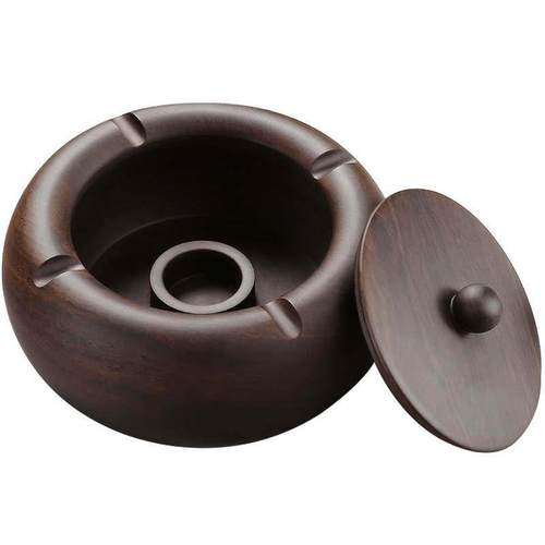 复古黑檀实木中式带盖烟灰缸木质创意个性潮流大号家用客厅防飞灰