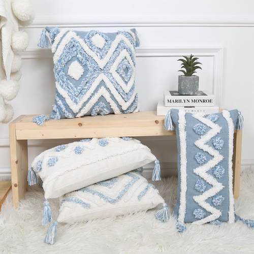 摩洛哥靠垫北欧ins风简约蓝色几何簇绒抱枕四角穗子民宿沙发靠枕