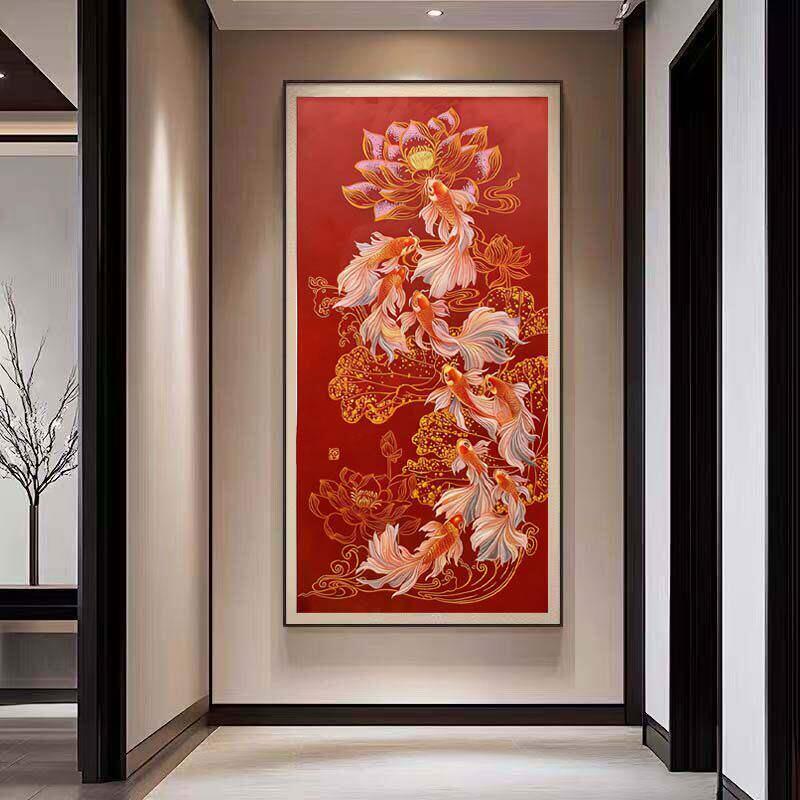 九鱼图新中式高端入户玄关装饰画宋代美学壁画红色锦鲤客厅挂画莫