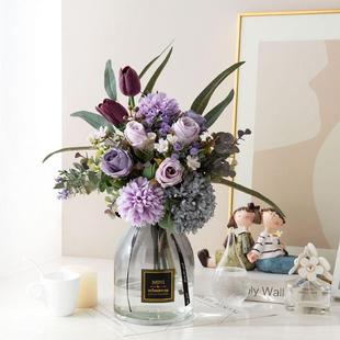 紫色系仿真花假花郁金香茶玫优雅客厅餐桌电视床头柜茶几装 饰摆件