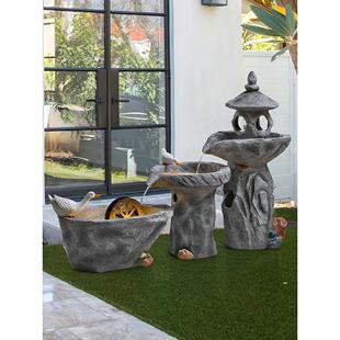 创意中式石亭循环流水摆件田园庭院花园别墅阳台鱼池灯塔装饰造景