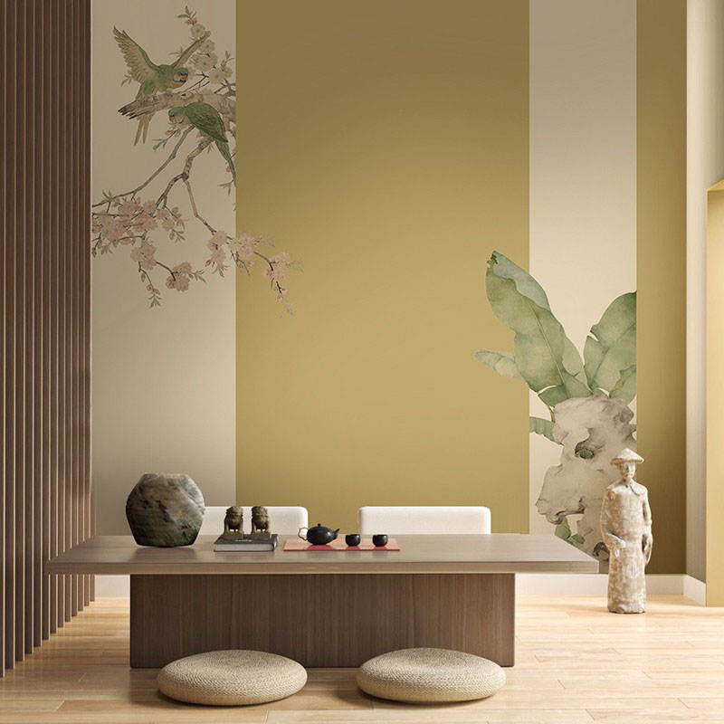 中式意境花鸟桃花芭蕉墙纸茶室卧室客厅壁布养生馆餐厅背景墙壁纸