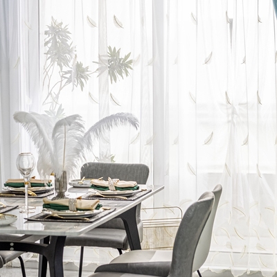 落叶白色纱帘飘窗纱免打孔安装魔术贴窗帘沙自粘贴式透光阳台纱帘