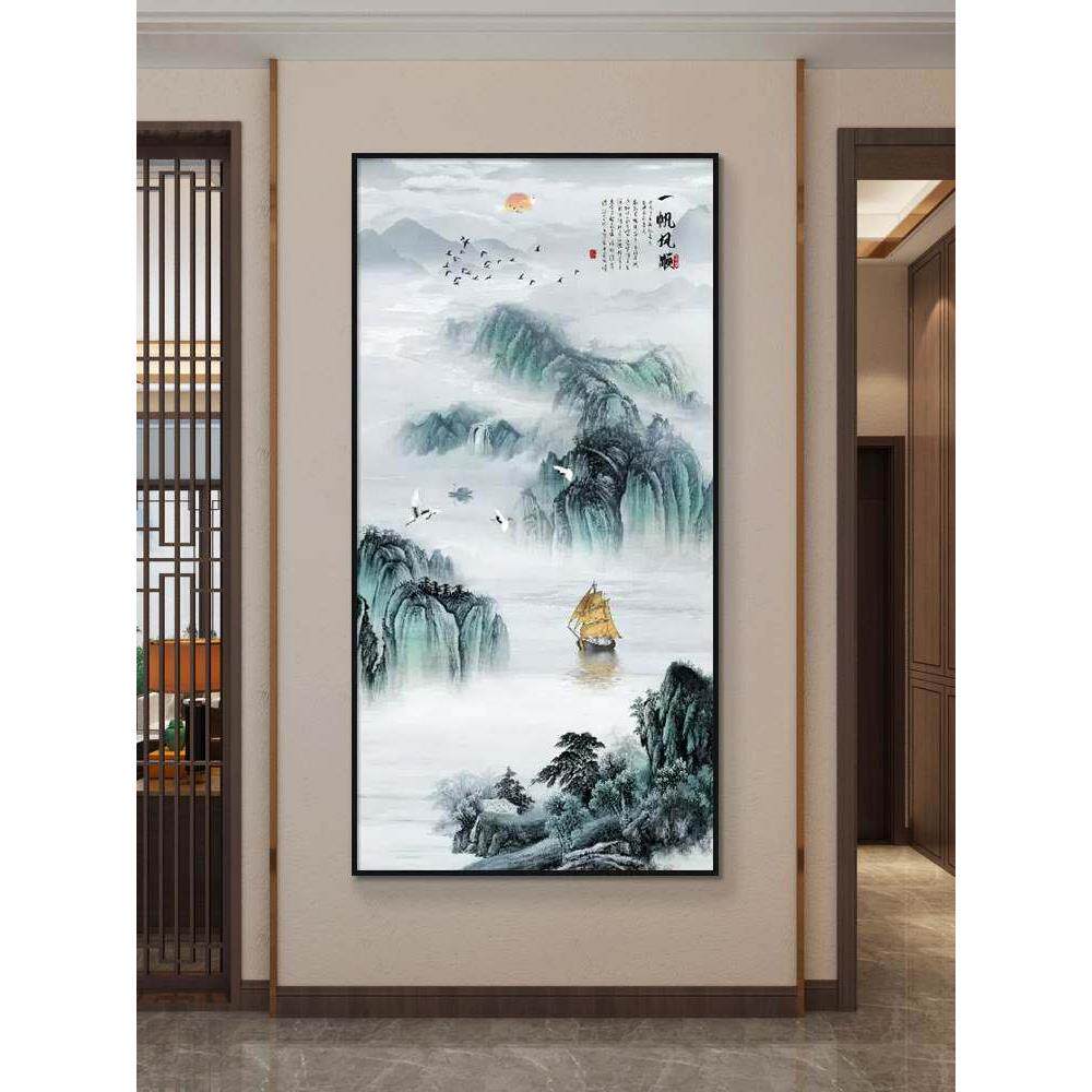 玄关装饰画竖版高山流水入户进门走廊过道新中式山水挂画客厅壁画