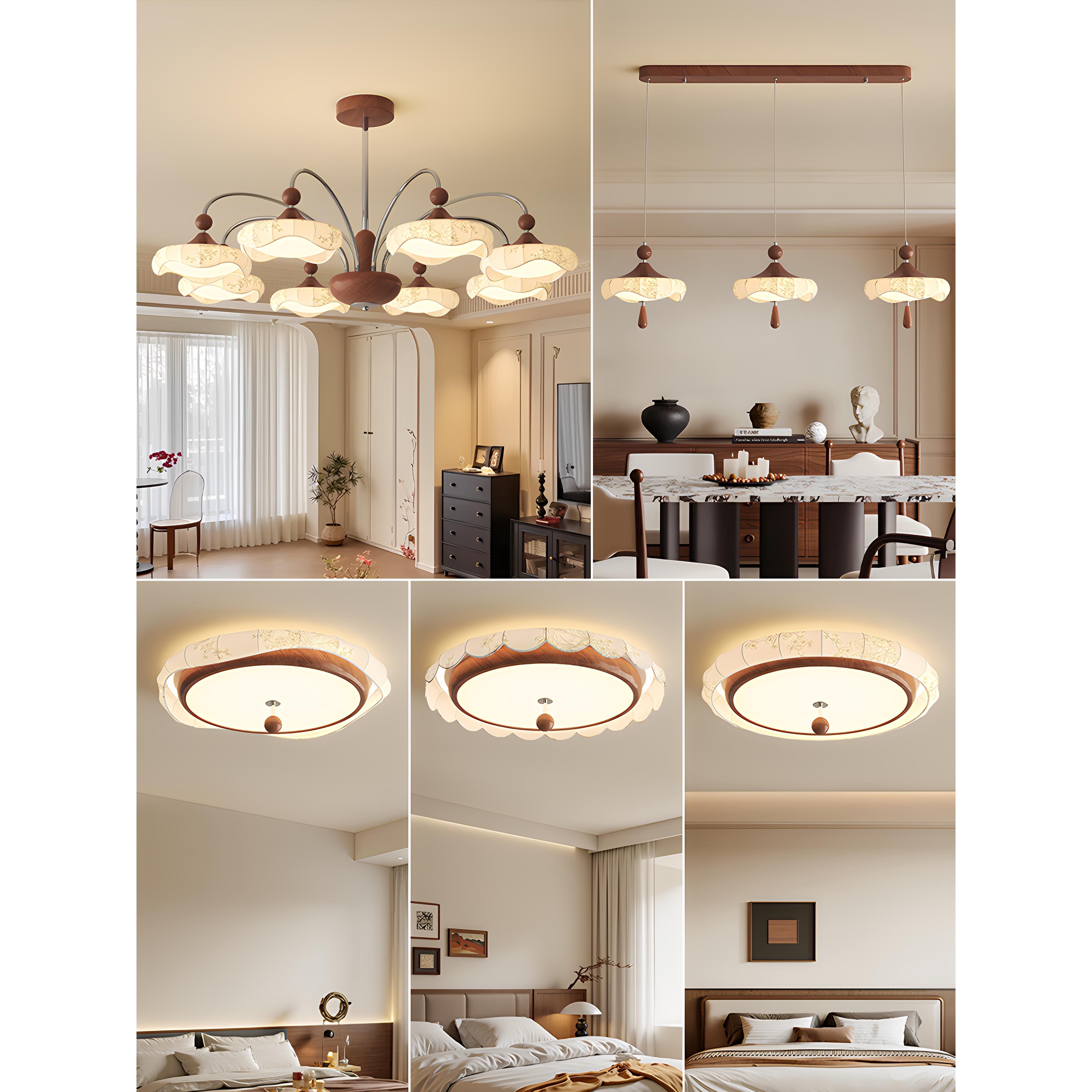 宋氏美学客厅吊灯中古风胡桃色法式印花布艺卧室餐厅全屋套餐灯具