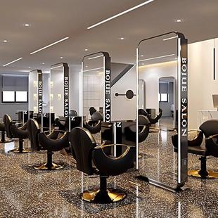 新款网红美发店镜台发廊专用单双面落地镜理发店镜子带灯烫染剪发