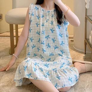 甜美少女无袖睡裙女夏季薄款棉绸长版洋装格子蝴蝶结人造棉裙子