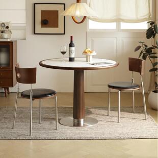 黑胡桃色覆古实木圆形餐桌小户型折叠内嵌岩板圆餐饭桌洽谈桌圆桌