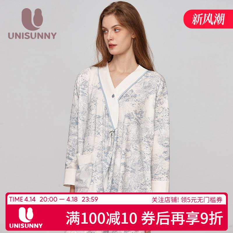 unisunny月子服孕妇睡衣纯棉水墨画5月份春夏薄莫代尔哺乳家居服
