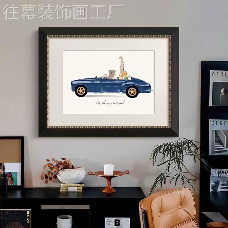 动物自驾》霍格艺术法式复古汽车挂画美式中古风儿童房卧室装饰画图片