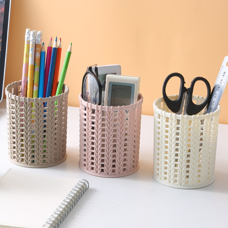 卡通藤编塑料笔筒学生桌面圆形