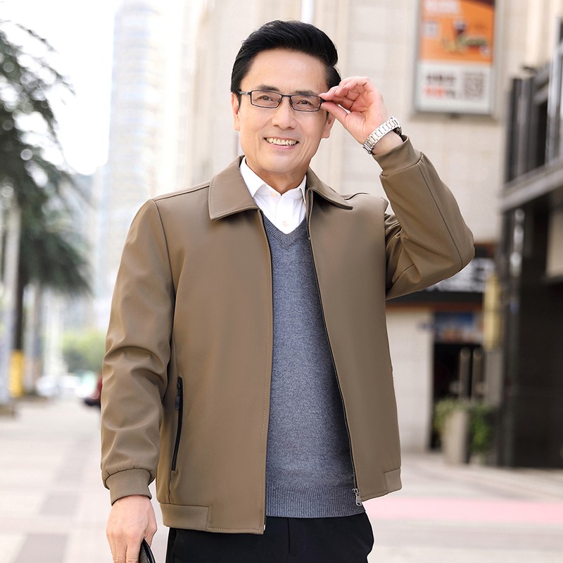 2021c小码男装小个子秋季新款中年爸爸装潮流翻领商务休闲夹克外